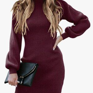 Long Sleeve Sweater Dress with Mock Neck Wine Color Large